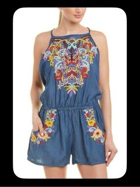 Nanette Lepore Embroidered Chambray Romper Floral Boho Pockets